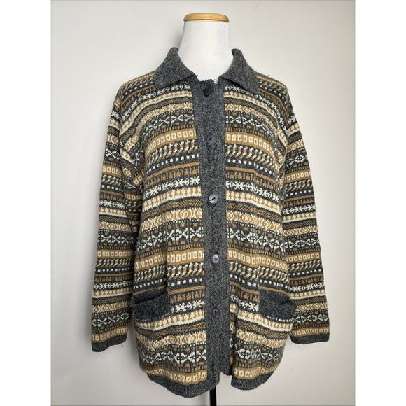 Fair Isle Womens Cardigan Sweater Size Large Button Up Cozy Comfy Preppy Classic - Picture 1 of 8
